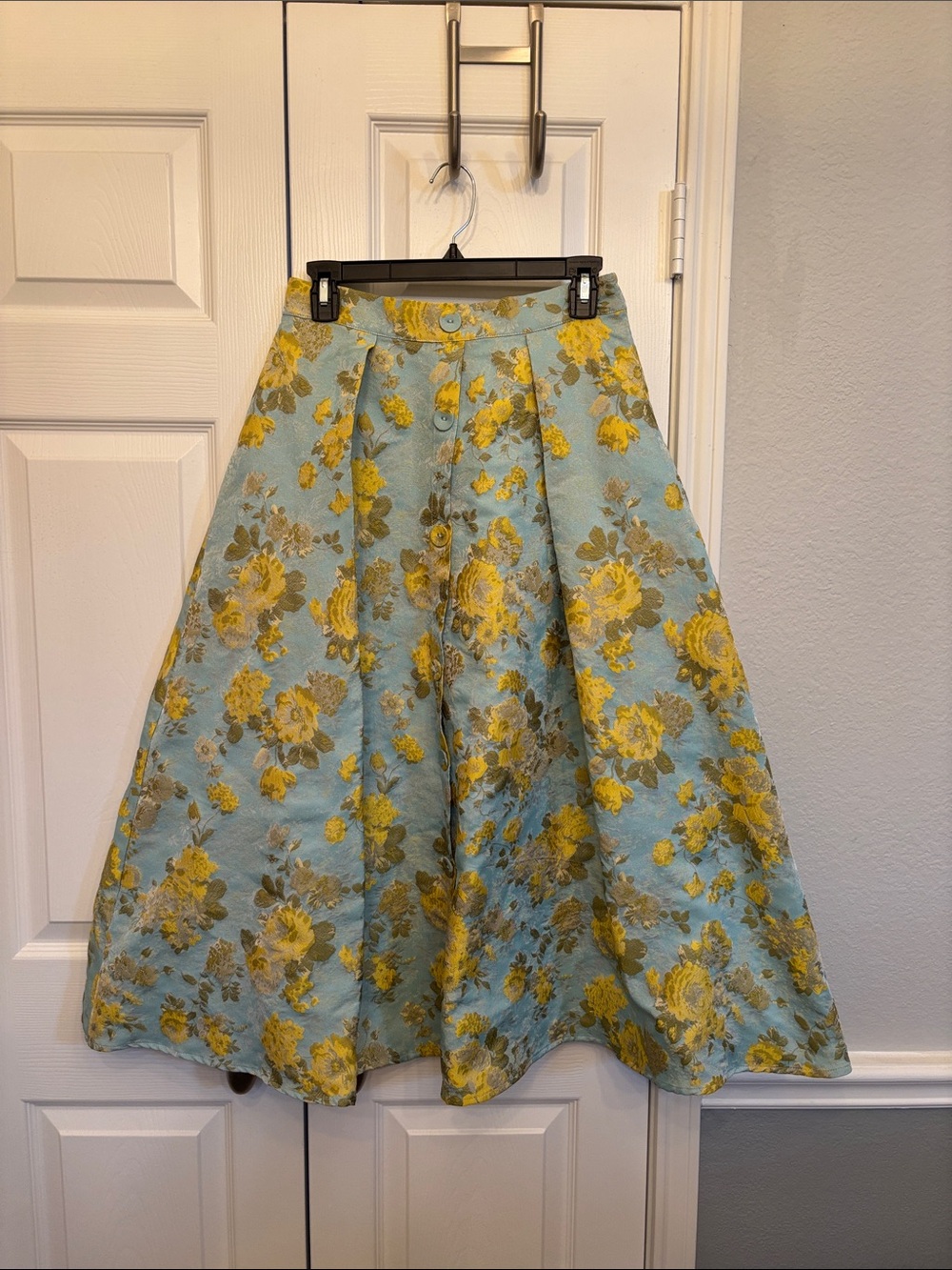 Abbey Glass Floral A-Line Midi Skirt in Light Blue and Yellow